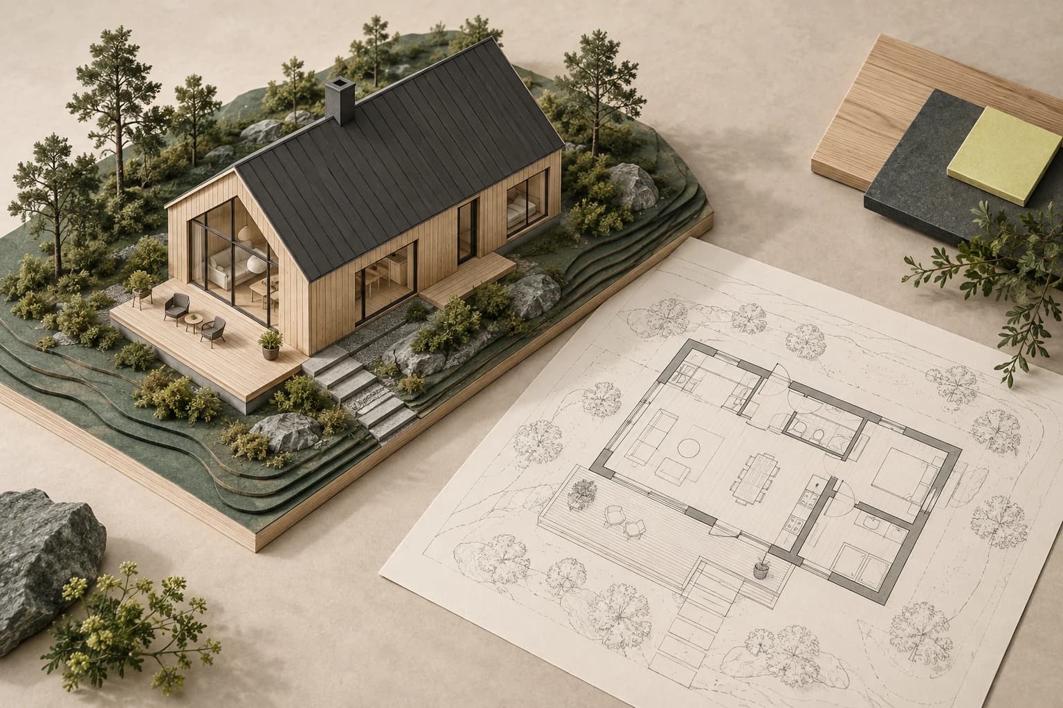 Architectural illustration of a timber house on a terrain model beside a floor plan